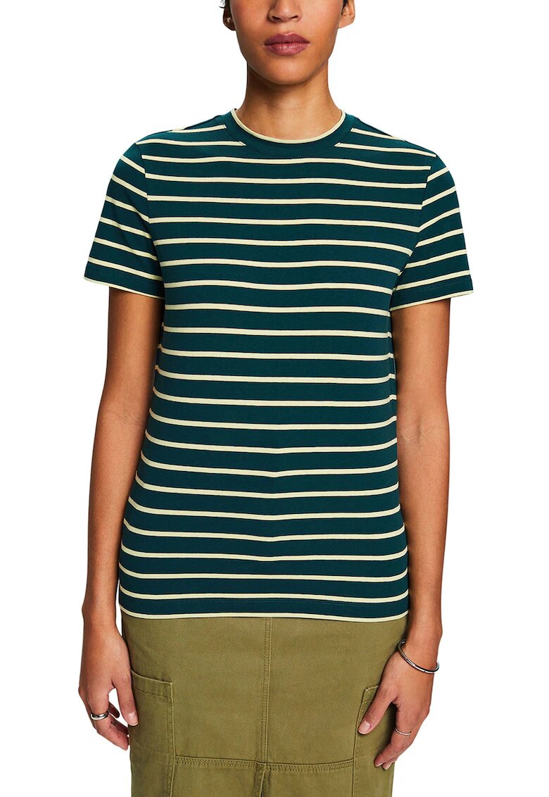 ESPRIT Tricou cu decolteu la baza gatului si dungi - Bej/Verde englez