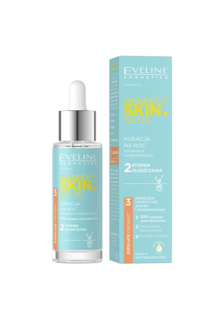 Eveline Cosmetics Ser tratament de noapte cu complex 10% acizi AHA + BHA + PHA - gradul 2 de exfoliere - Perfect Skin Acne Eveline 30 ml