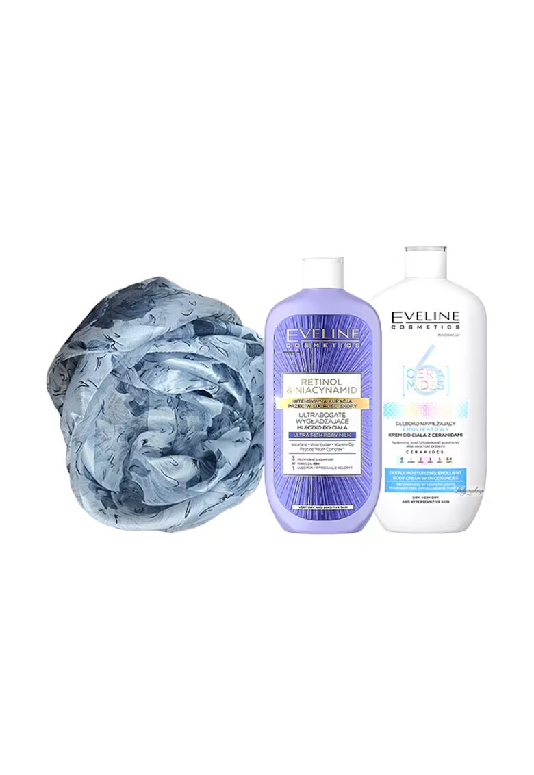 Eveline Cosmetics Set Crema de corp hidratanta pentru pielea uscata sau foarte uscata 6 Ceramides - 350 ml + Lapte de corp netezitor ultra-bogat Retinol & Niacynamid - 350 ml + Esarfa matase