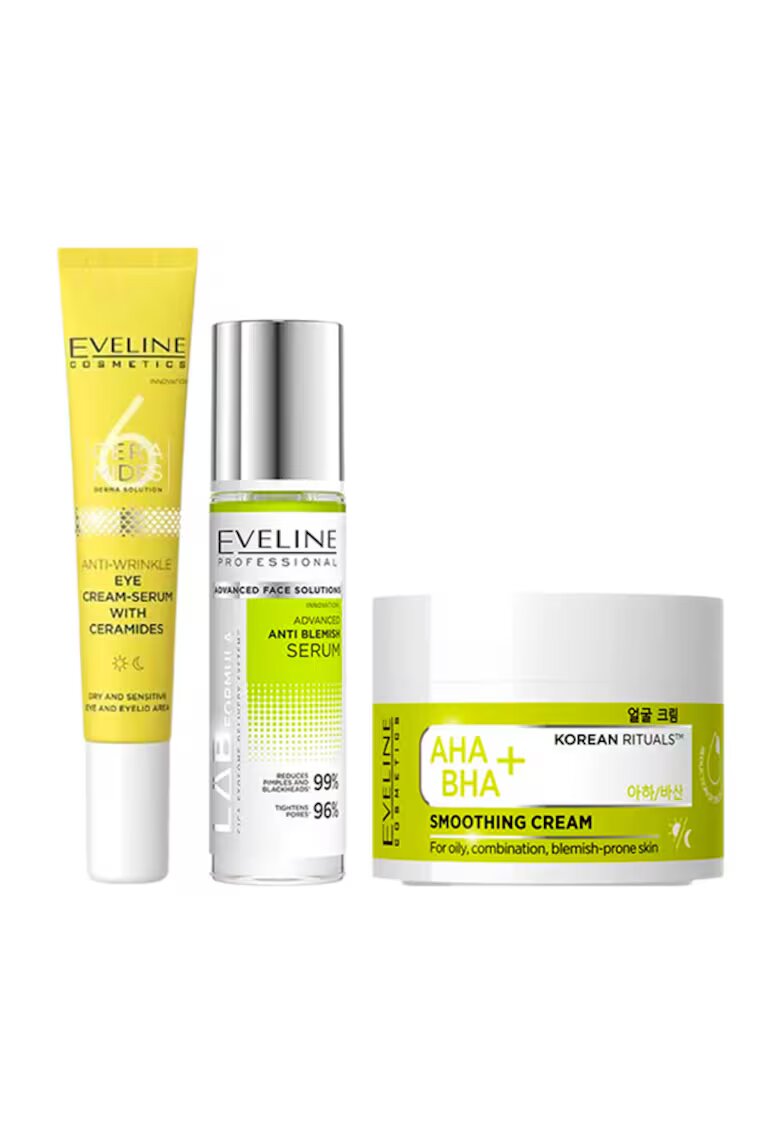 Eveline Cosmetics Set cu Crema de netezire AHA + BHA Korean Rituals 50 ml - Ser anti-imperfectiuni LAB Formula Advanced 30 ml si Crema-ser antirid pentru ochi 6 Ceramide 20 ml