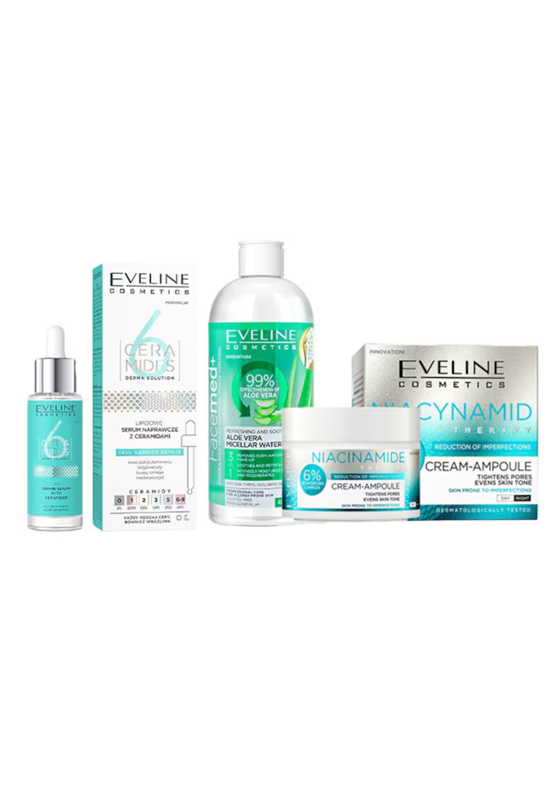 Eveline Cosmetics Set ingrijire fata Eveline Niacinamide Clear Glow - Crema pentru ten cu imperfectiuni - 50 ml + Ser reparator lipidic cu ceramide - 6 Ceramide - 30 ml + Apa micelara Aloe Vera 3in1 - 400 ml