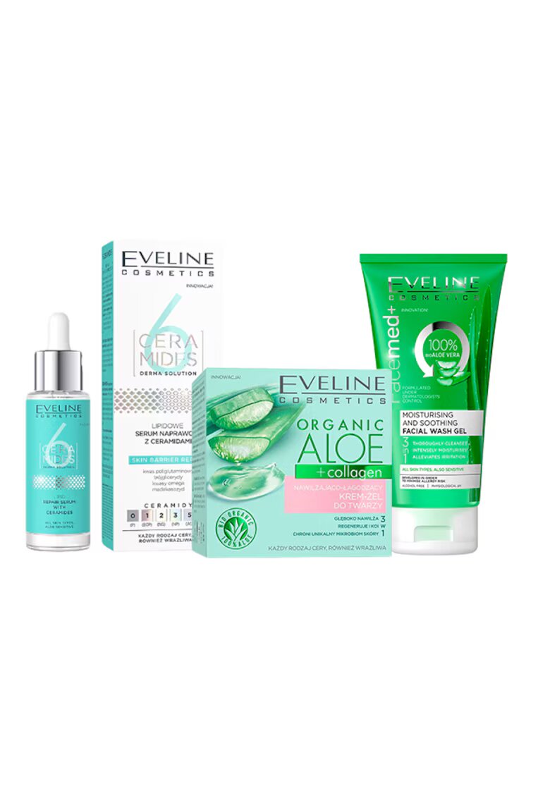 Eveline Cosmetics Set ingrijire ten Eveline Aloe Glow - Crema-gel hidratanta si calmanta - 50 ml + Ser reparator lipidic cu ceramide - 30 ml + Gel de curatare fata - Facemed+ cu Aloe Vera - Moisturising and Soothing 3in1 - 150 ml