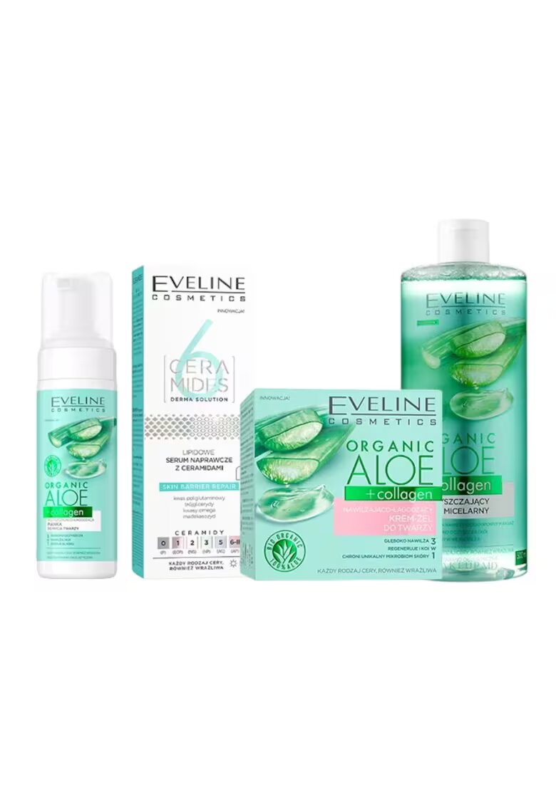 Eveline Cosmetics Set ingrijire ten Eveline Collagen Revive - Crema-gel hidratanta si calmanta - 50 ml + Apa micelara - 500 ml + Spuma de curatare Purifianta si Calmanta - 150 ml + Ser reparator lipidic cu ceramide - 6 Ceramide - 30 ml