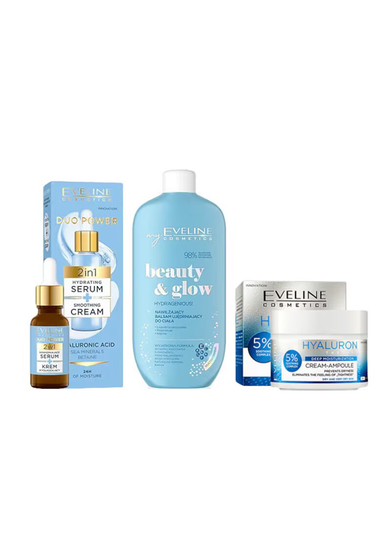 Eveline Cosmetics Set ingrijire ten Eveline Hyaluron Aqua - Crema hidratanta pentru ten uscat si foarte uscat - 50 ml + Ser fata 2in1 pentru hranire si netezire Duo Power - 18ml + Balsam hidratant pentru corp - Hydragenious - 350 ml