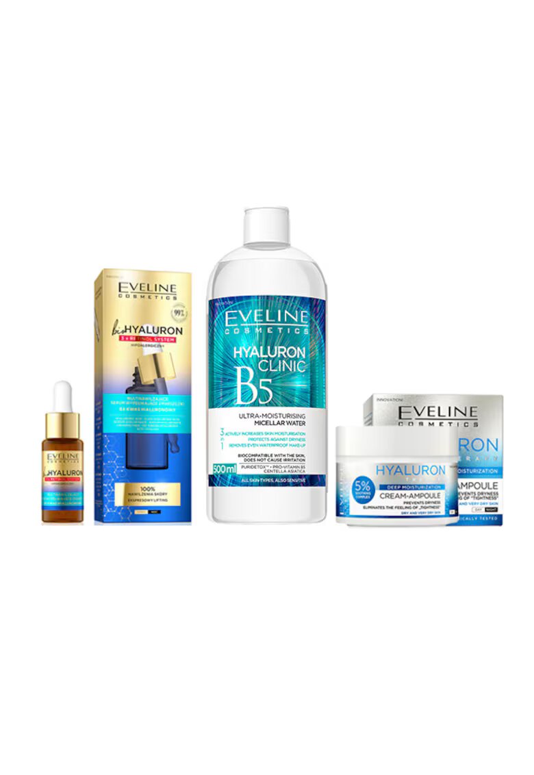 Eveline Cosmetics Set ingrijire ten Eveline Hyaluron Deep Moisture - Crema hidratanta pentru ten uscat si foarte uscat - 50 ml + Ser de fata hidratant bioHyaluron 3 x Retinol System - 18 ml + Apa micelara Hyaluron Clinic B5 - 500 ml