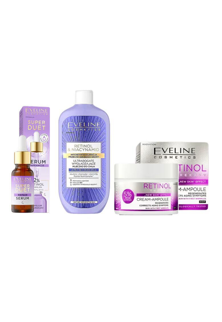 Eveline Cosmetics Set ingrijire ten Eveline Retinol Pro Care Crema de noapte pentru primele riduri - 50 ml + Ser reparator pentru fata Super Duet cu retinol - 18 ml + Lapte de corp netezitor ultra-bogat Retinol & Niacynamid - 350 ml