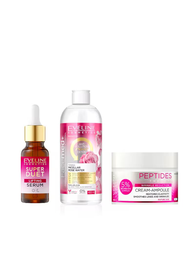 Eveline Cosmetics Set ingrijire ten Peptide Renewal Crema antirid pentru ten matur - 50 ml + Ser concentrat de lifting Super Duo cu 5% peptide - 18 ml + Apa micelara tonifianta de trandafiri - Facemed+ - Toning Micellar Rose Water 3 in 1 - 400 ml