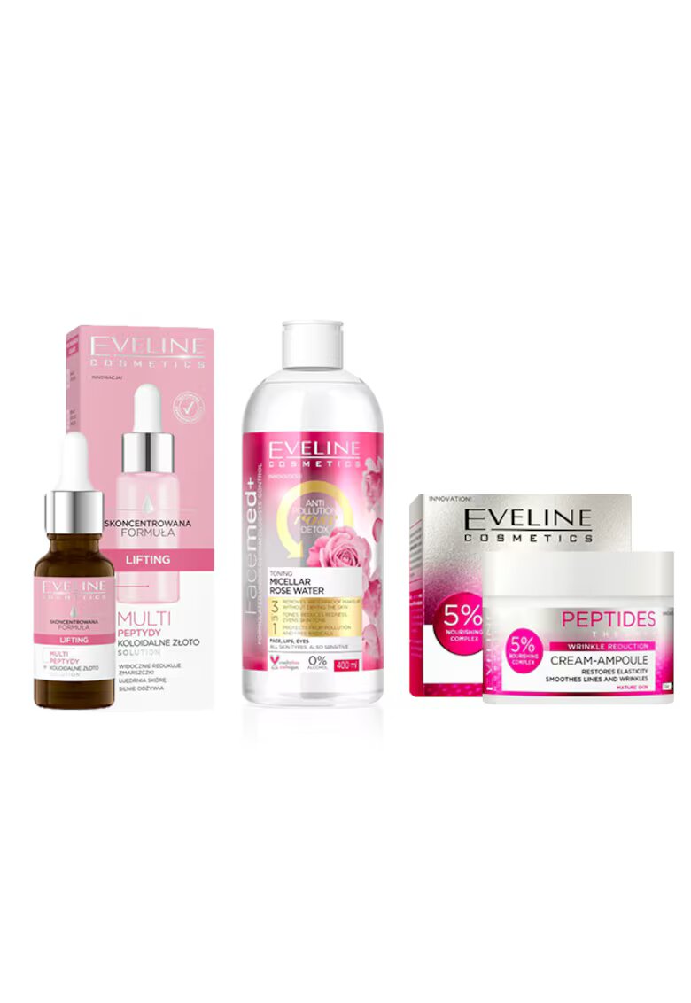Eveline Cosmetics Set ingrijire ten Peptides Glow Crema antirid pentru ten matur - 50 ml + Ser lifting cu multi peptide - 18 ml + Apa micelara tonifianta de trandafiri - Facemed+ - Toning Micellar Rose Water 3 in 1 - 400 ml