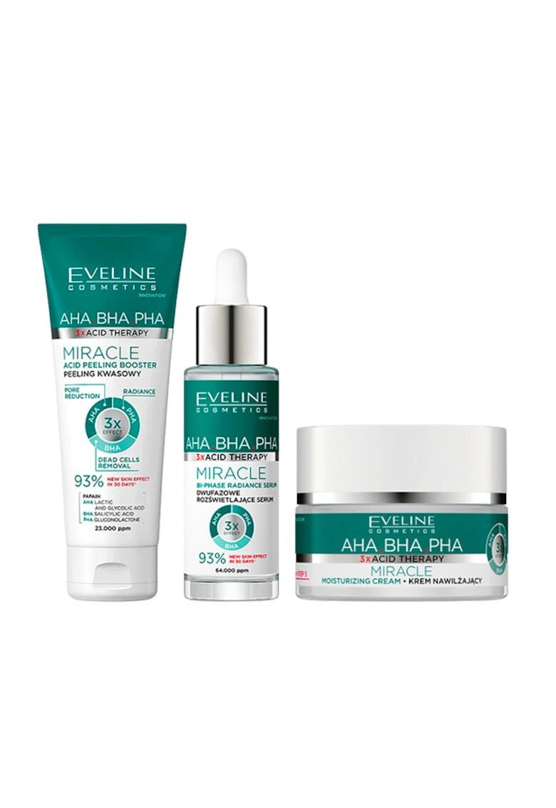 Eveline Cosmetics Set Miracle - cu Crema hidratanta 50 ml - Ser bifazic iluminator 30 ml si Exfoliant facial 75 ml