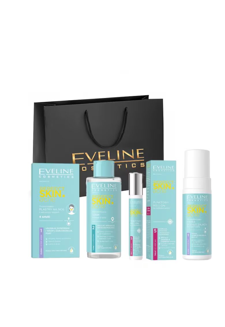 Eveline Cosmetics Set Perfect Skin.acne Solutie pentru eliminarea imperfectiunilor - roll-on - 15 ml - Tonic seboreglator 200 ml - Spuma de curatare faciala -150 ml