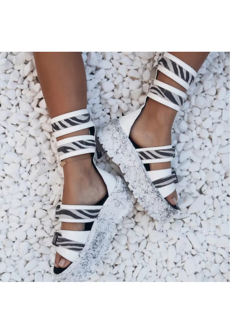 Exclusives Sandale flatform din piele Baby Zebra - Alb/Negru