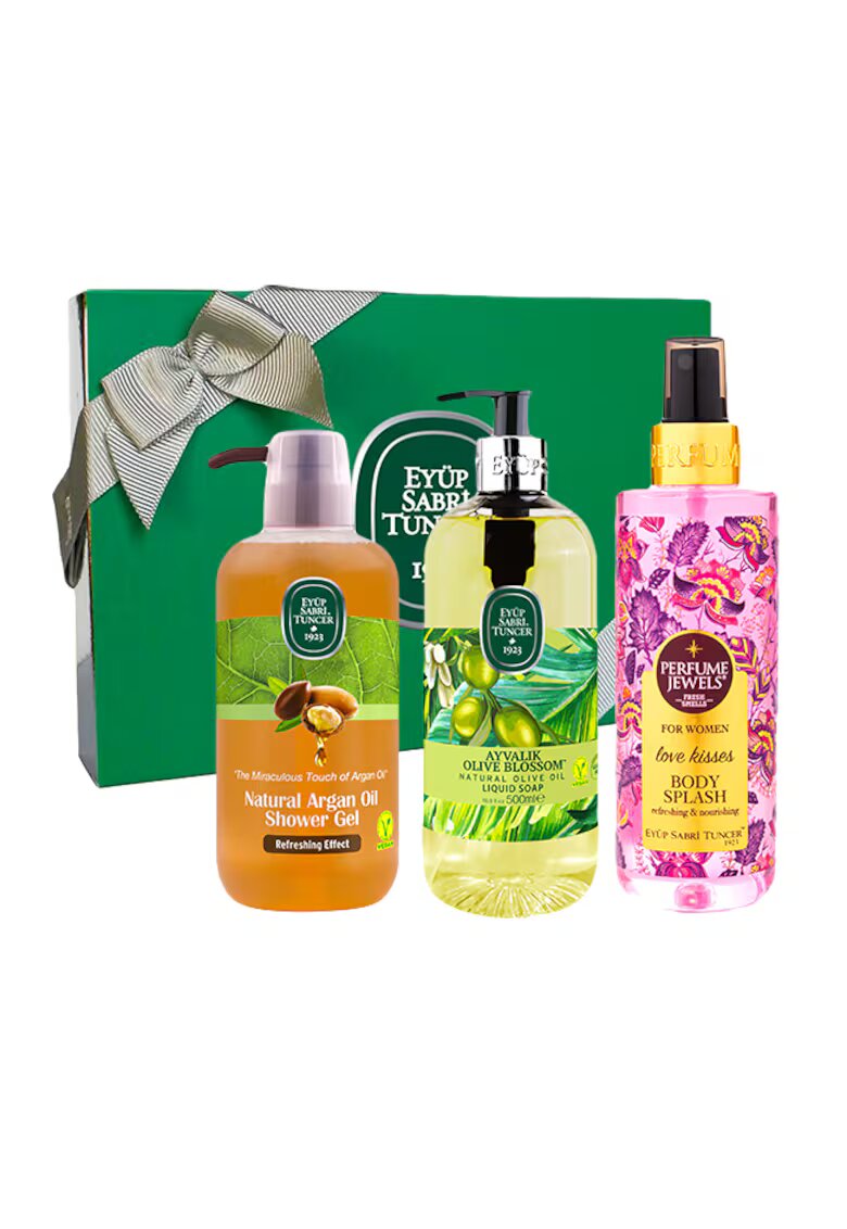 Eyuep Sabri Tuncer 1923 Set Eyup Sabri Tuncer - Gel De Dus Cu Ulei De Argan Natural 600 ml - Sapun Lichid Ulei De Masline Natural Ayvalik Olive Blossom 500 ml - Spray de Corp Love Kisses 250 ml