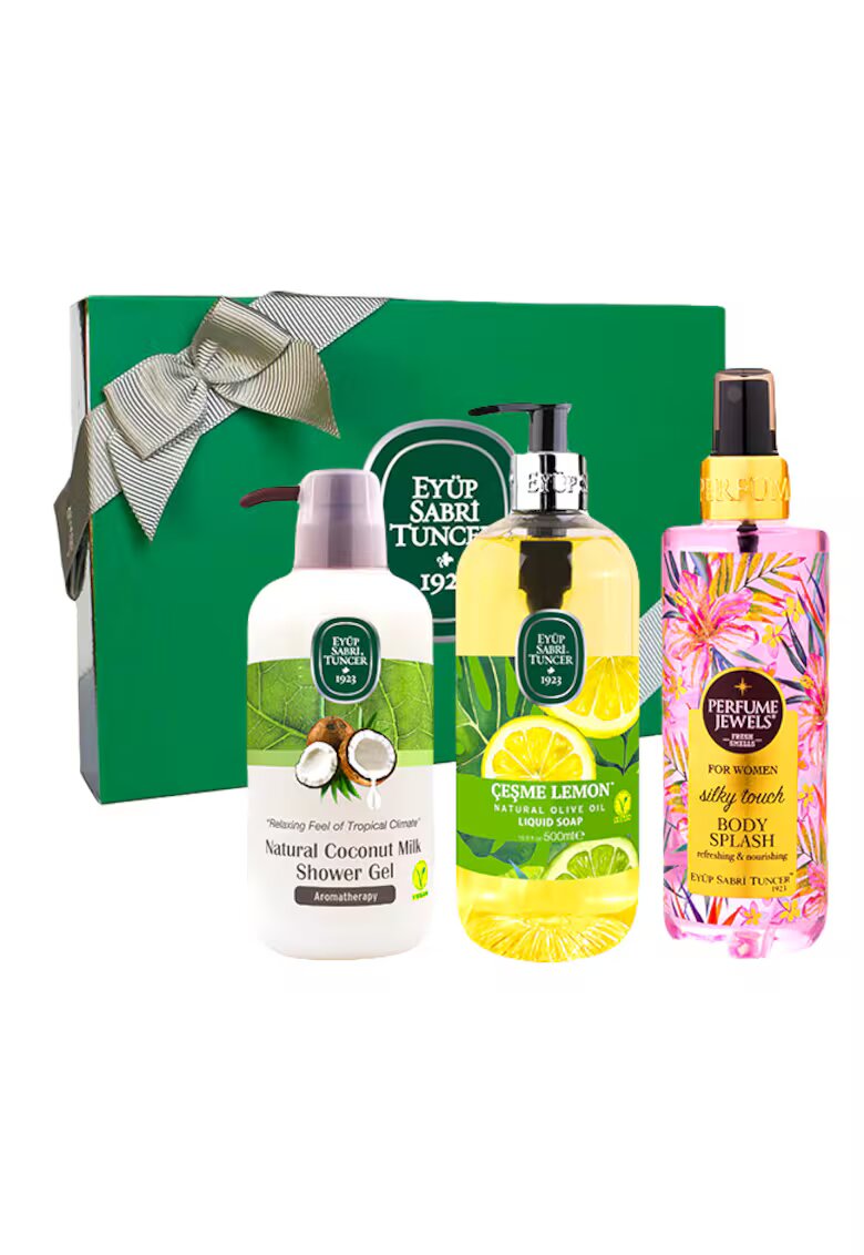 Eyuep Sabri Tuncer 1923 Set Eyup Sabri Tuncer - Spray de Corp Silky Touch 250ml - Gel De Dus Cu Lapte De Nuca De Cocos 600 ml - Sapun Lichid Ulei De Masline Cesme Lemon 500 ml