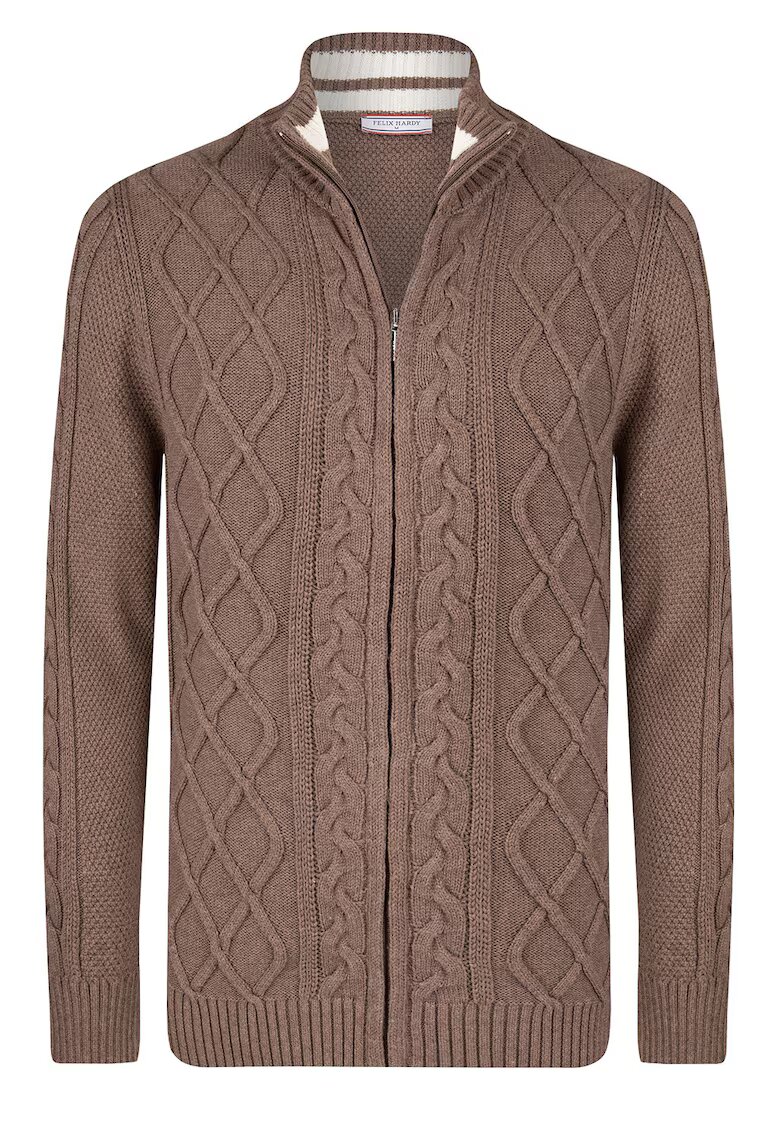Felix Hardy Cardigan cu fermoar si model torsade - Maro inchis