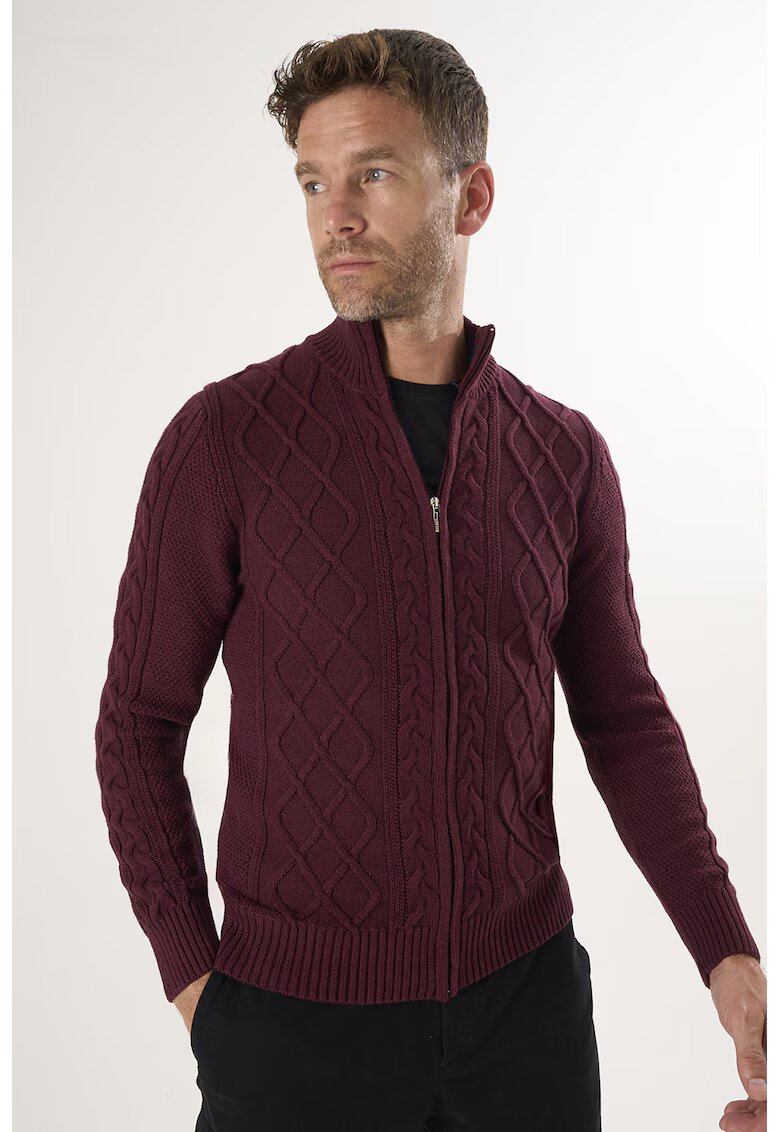 Felix Hardy Cardigan cu fermoar si model torsade - Rosu inchis