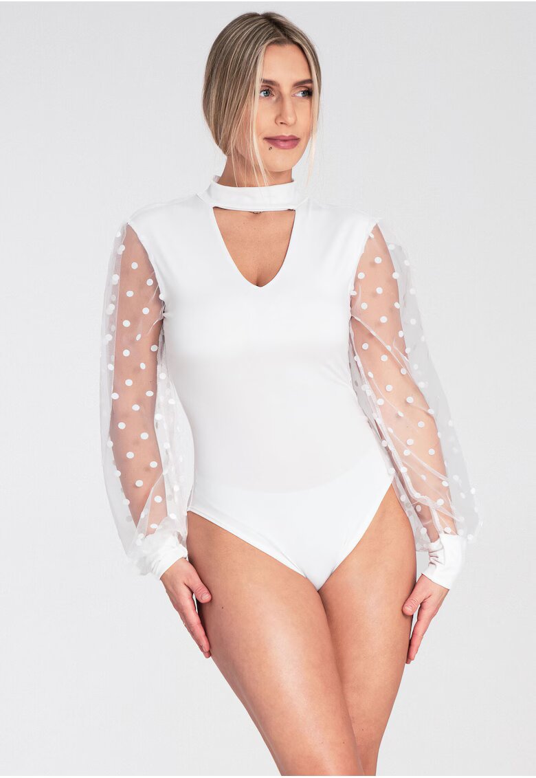 Figl Bluza dama body alb cu maneca lunga - guler inalt - maneci transparente - poliester -