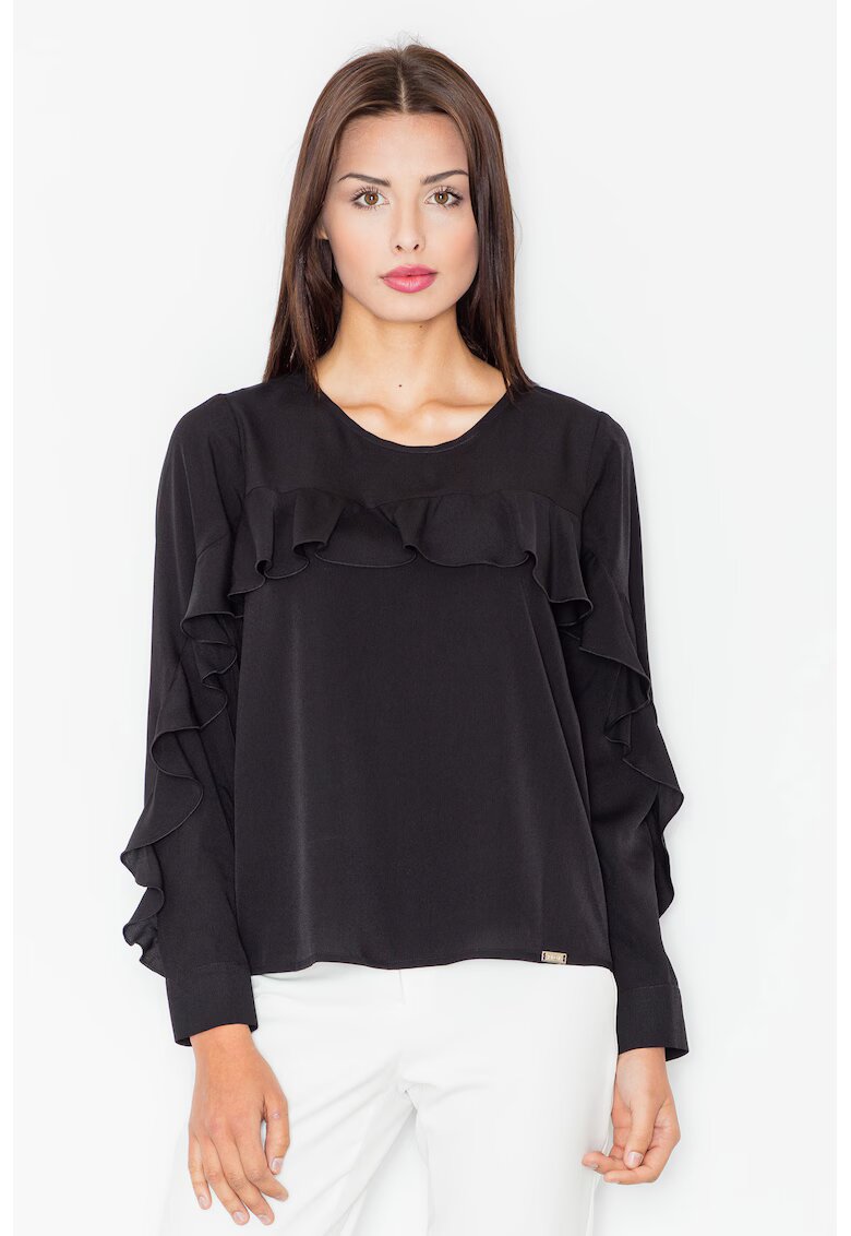 Figl Bluza dama cu volane - Poliester/Elastan/Viscoza - Negru
