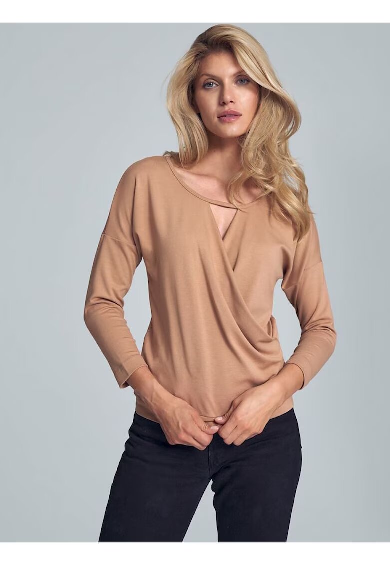 Figl Bluza dama decolteu plic - maneci 3/4 - bej - elastan/poliester/viscoza