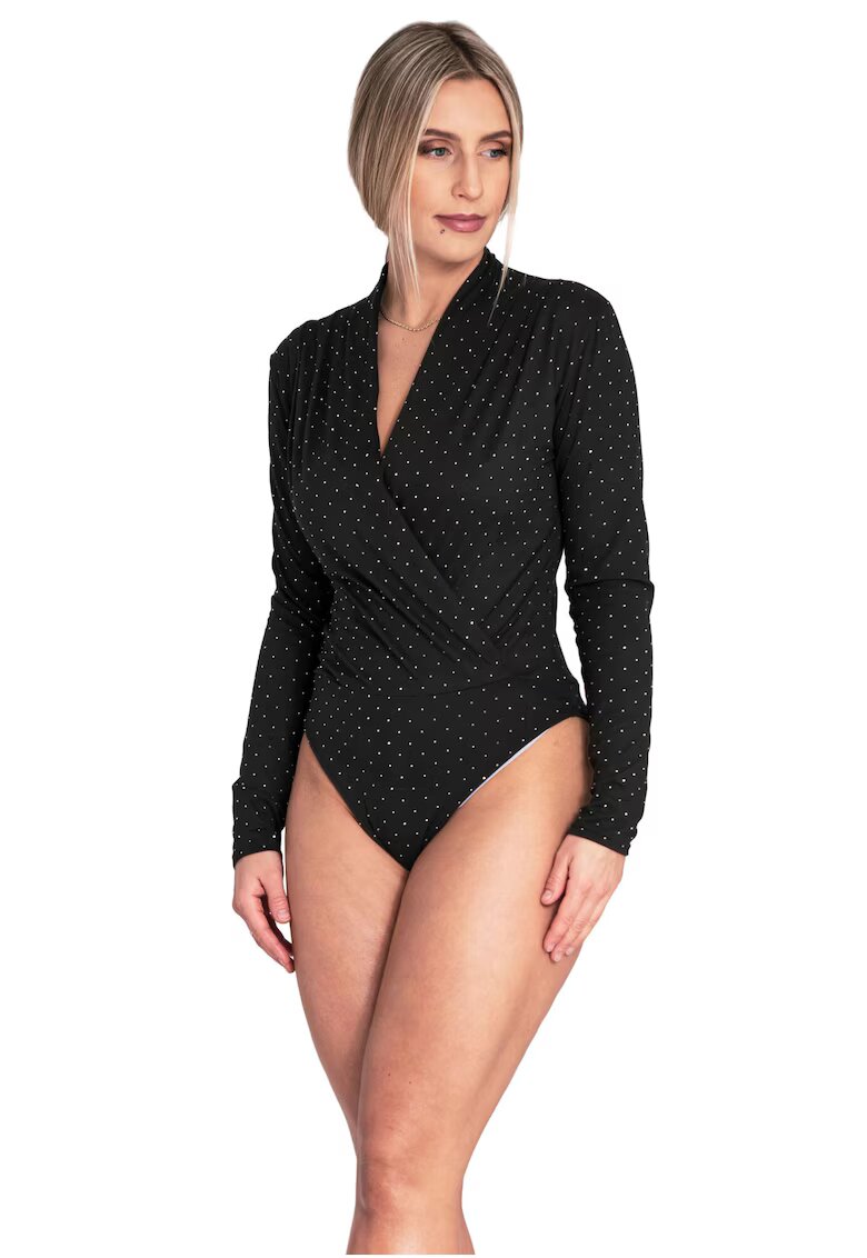 Figl Bluza de tip body dama negru - cu decolteu in V - maneci lungi - poliester/elastan -