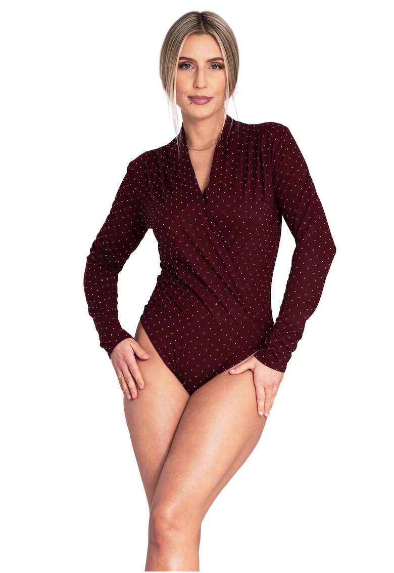 Figl Bluza de tip body dama visiniu - cu cristale - maneci lungi - poliester/elastan -