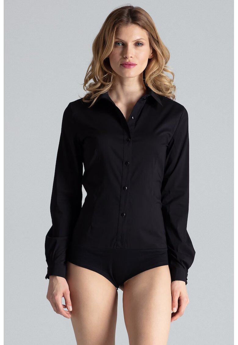 Figl Body de dama - negru - bumbac - regular fit - cu guler