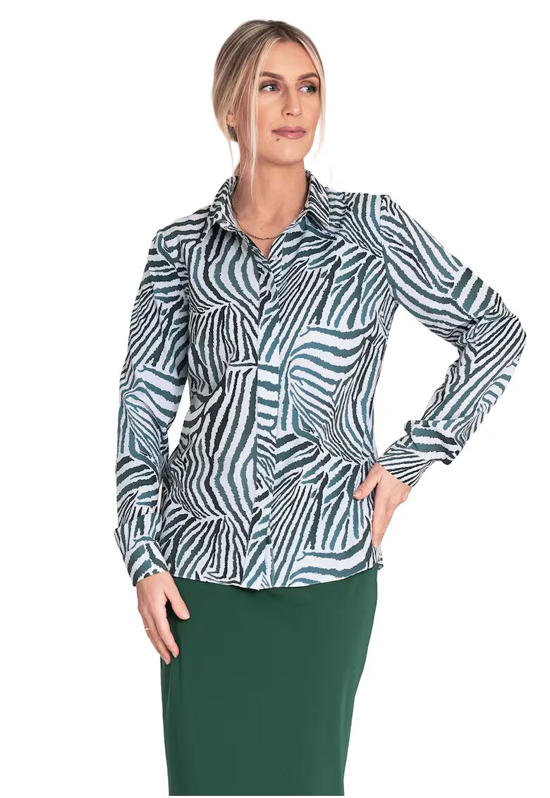 Figl Camasa eleganta model zebra - verde/alb - material poliester/elastan - cu guler - maneci lungi