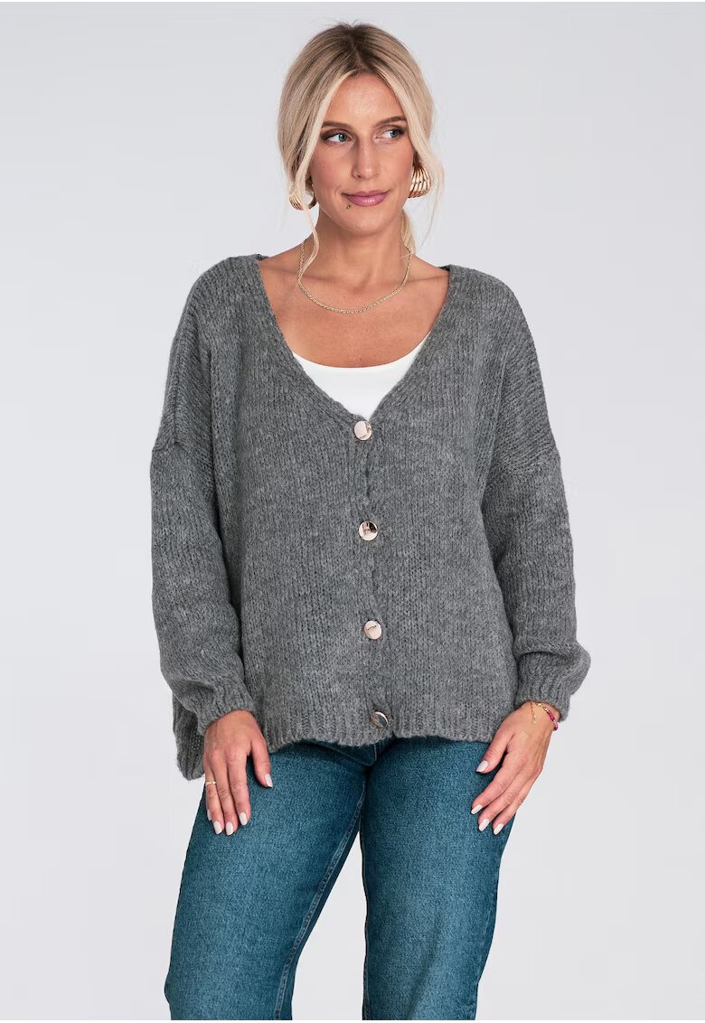 Figl Cardigan gri - tricotat - cu nasturi - croiala lejera - pentru ocazii casual