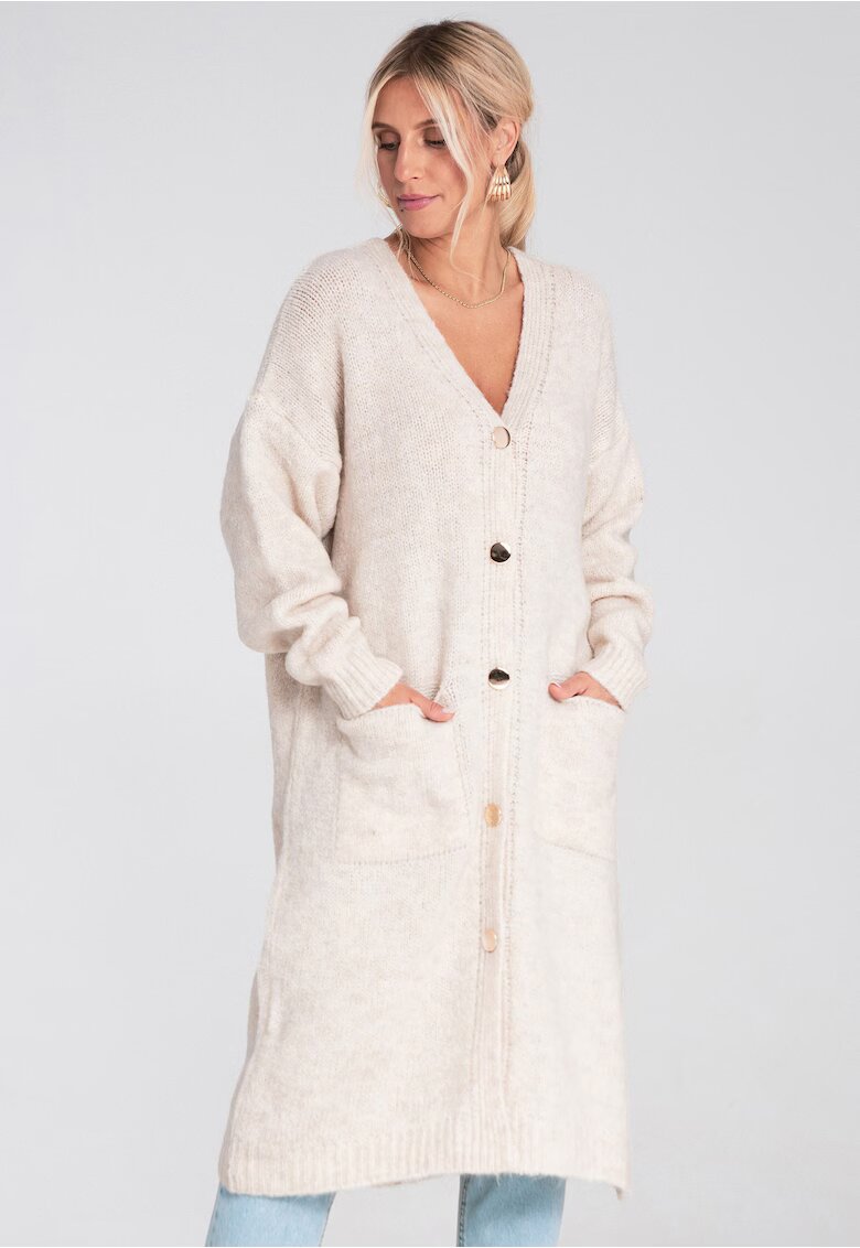 Figl Cardigan lung bej - tricotat - cu nasturi - croiala supradimensionata - buzunare