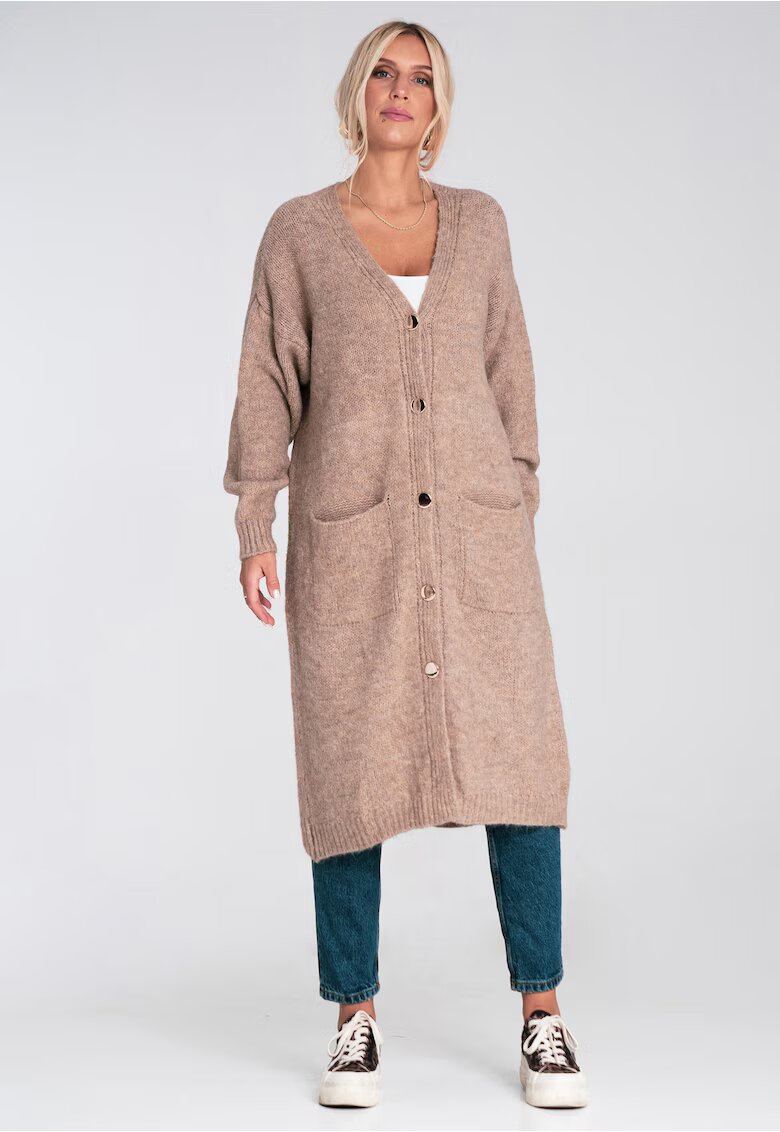 Figl Cardigan lung maro - tricotat - cu nasturi - croi lejer - buzunare - acril poliester