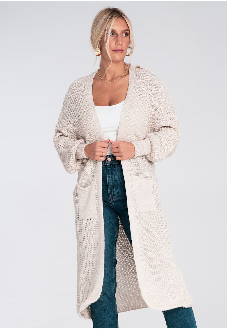 Figl Cardigan maxi bej - tricotat - croi lejer - cu buzunare - acril