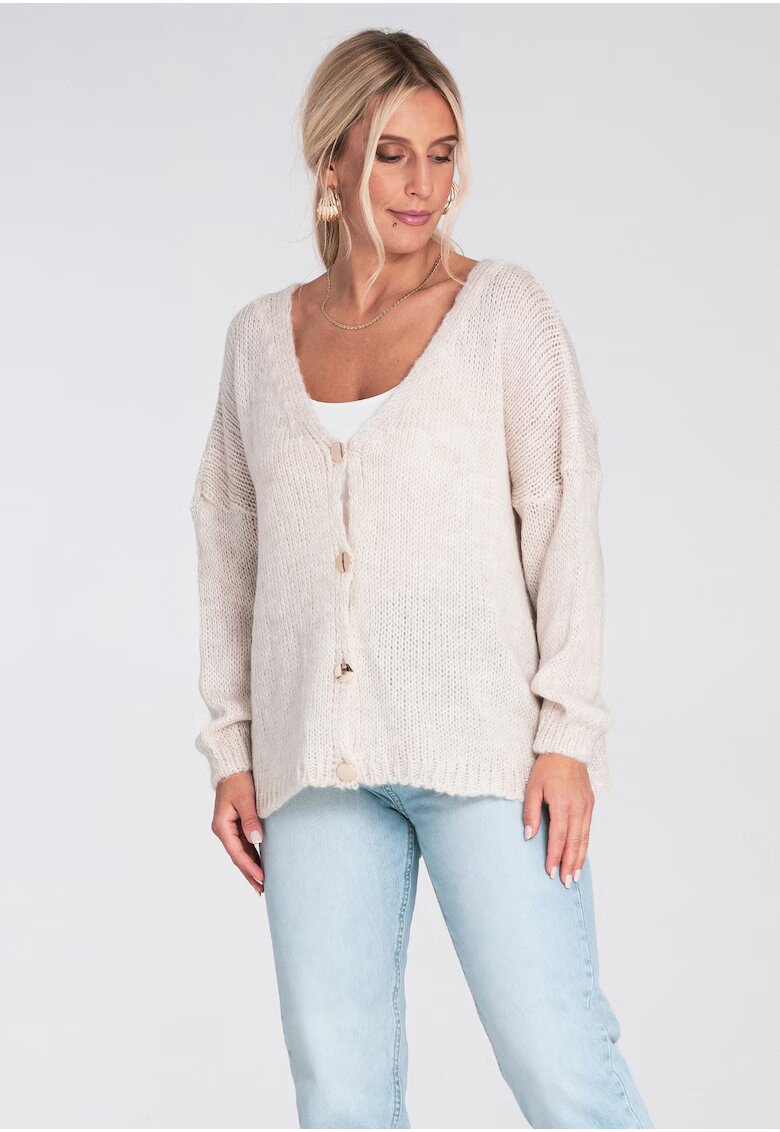 Figl Cardigan scurt dama - pulover cu nasturi decorativi - bej - material tricotat - poliester
