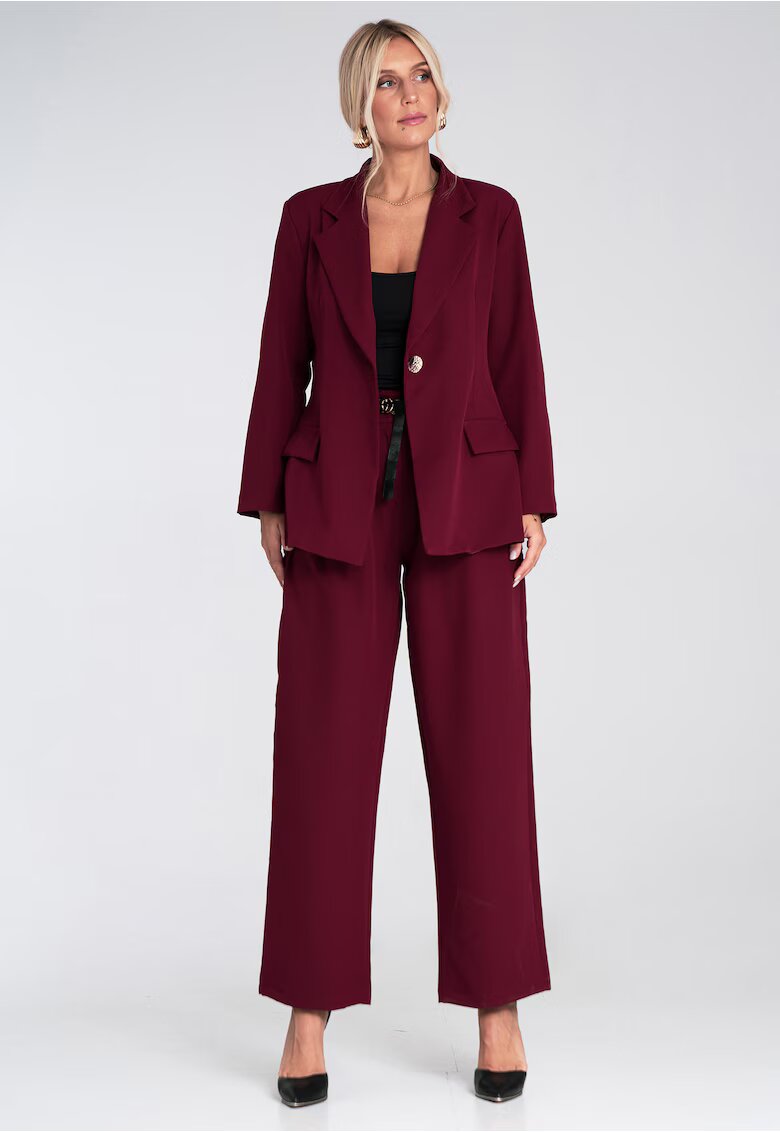 Figl Costum dama jacheta larga si pantaloni - material poliester - visiniu - pentru ocazii elegante