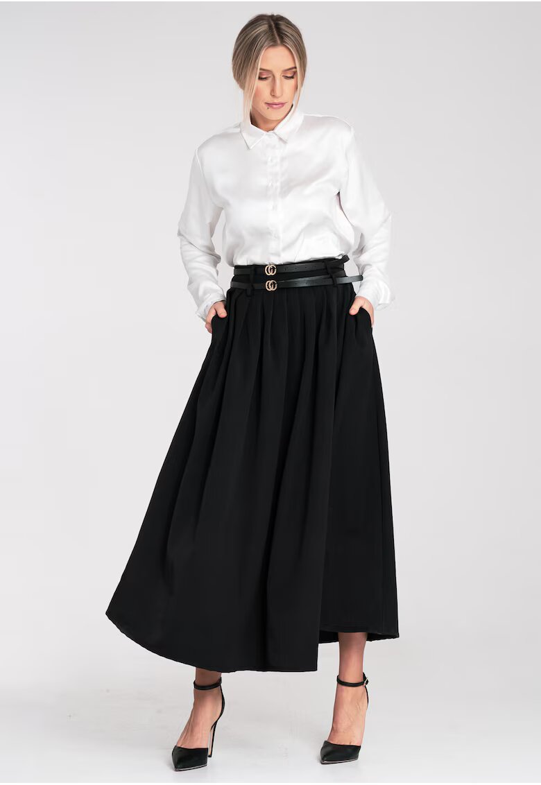 Figl Fusta evazata midi - neagra - cu curea - buzunare laterale - poliester -
