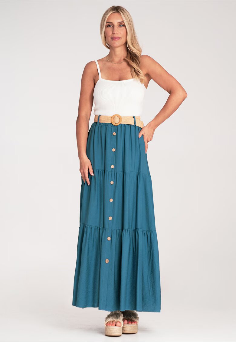 Figl Fusta maxi bleumarin - cu nasturi si volane - din bumbac - cu talie elastica -