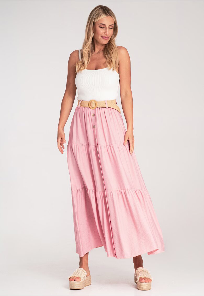 Figl Fusta maxi roz - bumbac - cu volane si curea impletita -