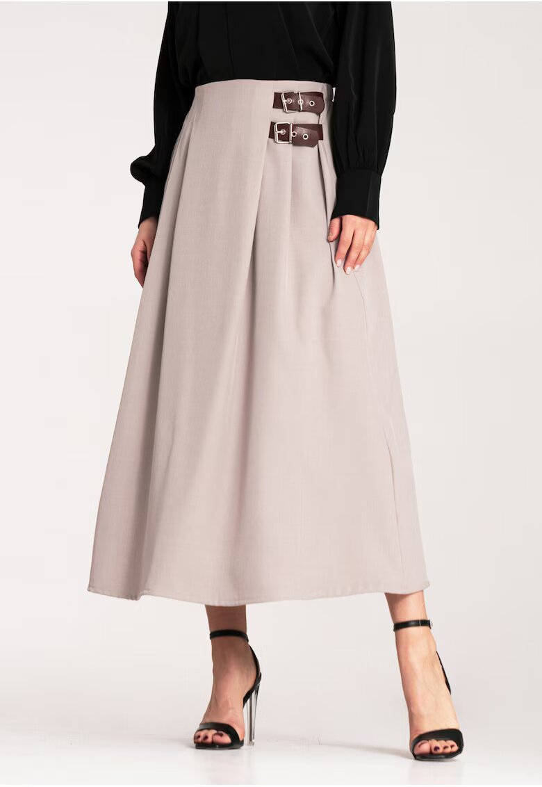 Figl Fusta midi cu curea - bej - material usor - poliester -