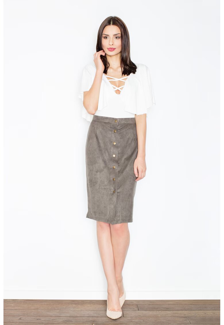 Figl Fusta midi gri - cu nasturi - poliester 95% - elastan 5%