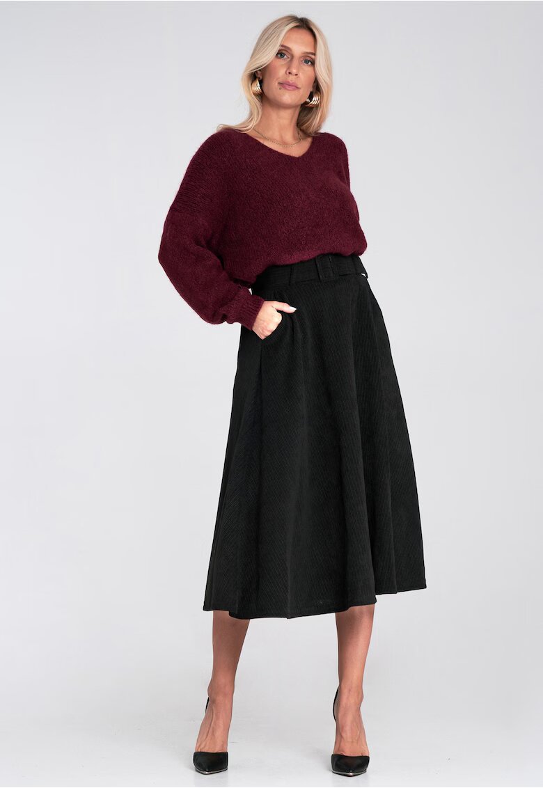 Figl Fusta midi neagra - evazata - cu curea - material sintetic