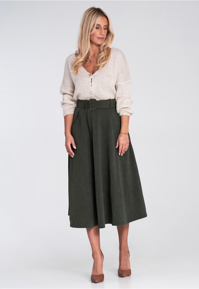 Figl Fusta midi verde intens - evazata - cu curea - material sintetic - M