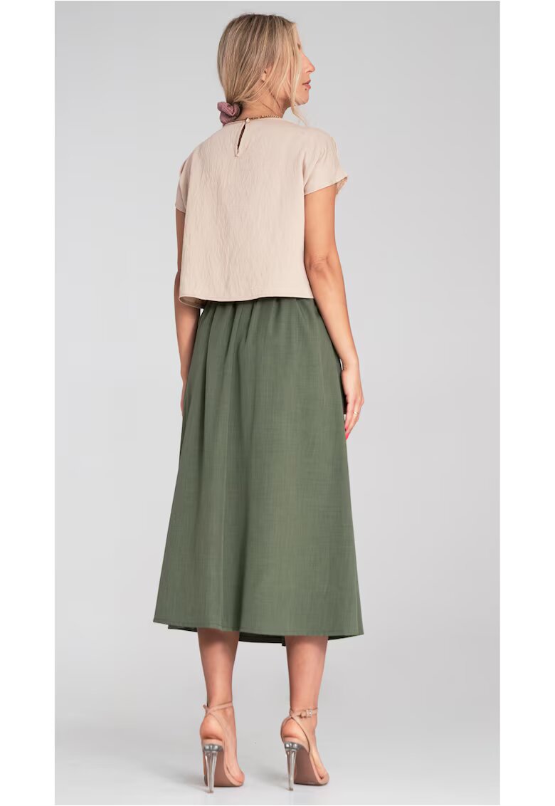 Figl Fusta midi verde - talie inalta - curea - evazata - cu buzunare -