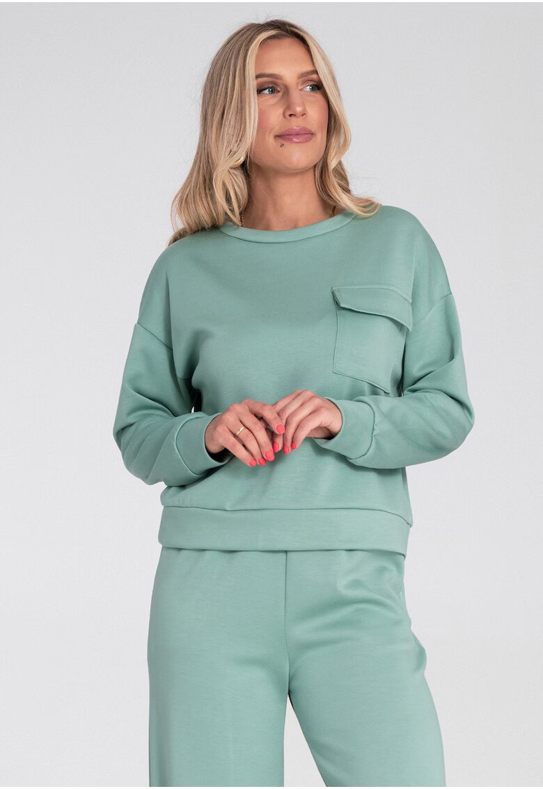 Figl Hanorac dama tricot - buzunar decorativ - croi lejer - verde menta -