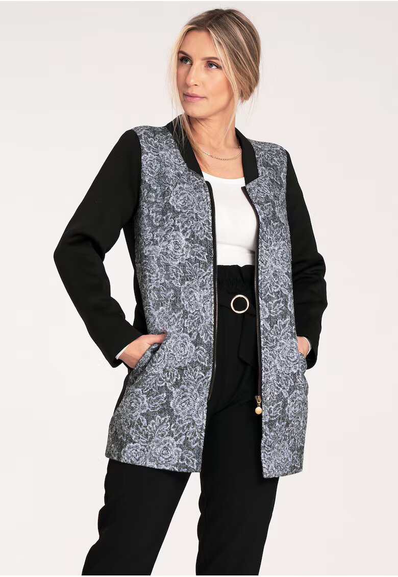 Figl Palton dama M1062 - negru - design modern - guler ridicat - material textil cu motiv floral