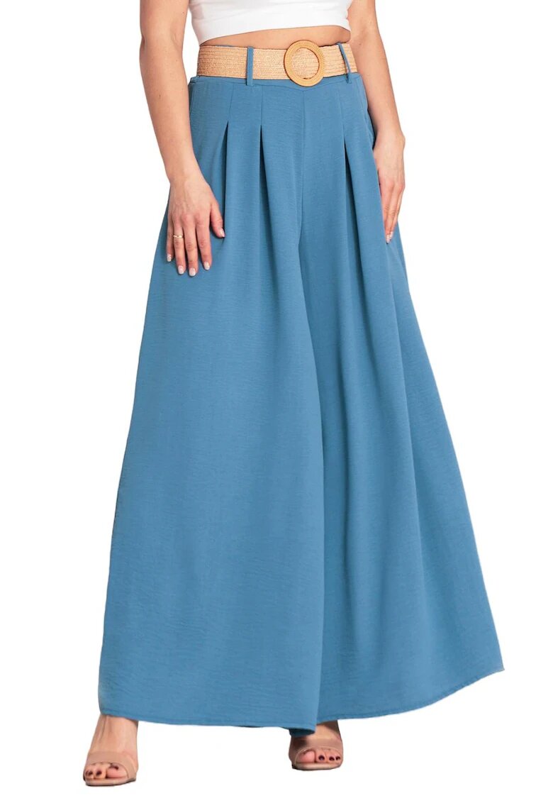 Figl Pantaloni dama - cu curea - eleganti - albastri - poliester -