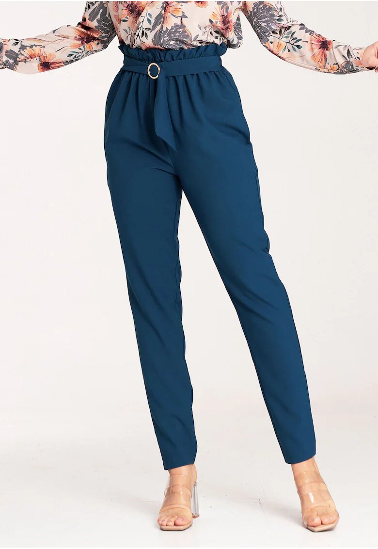 Figl Pantaloni dama eleganti - talie inalta - albastru - poliester