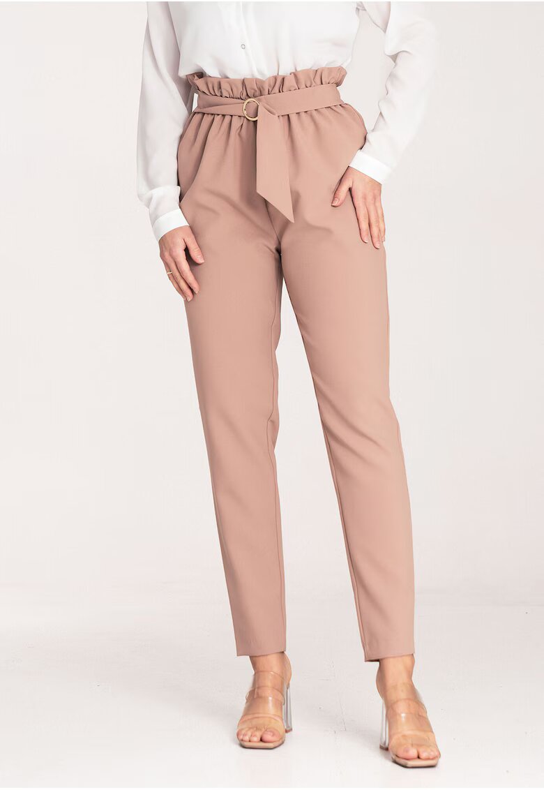 Figl Pantaloni dama eleganti - talie inalta - bej - poliester