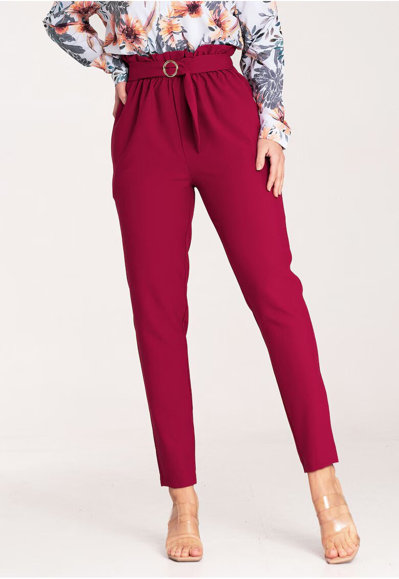 Figl Pantaloni dama eleganti - talie inalta - rosu - poliester -