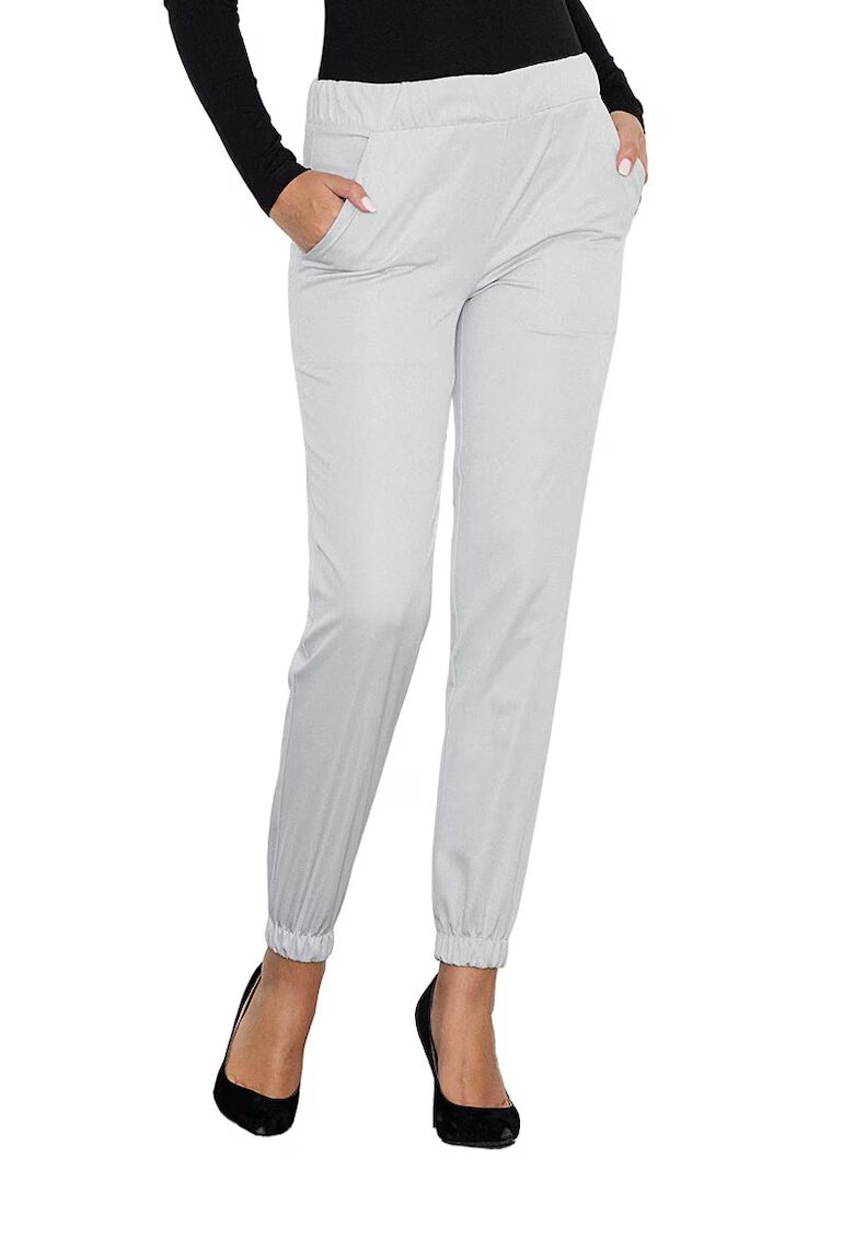 Figl Pantaloni dama gri - cu talie elastica - buzunare - poliester/elastan -