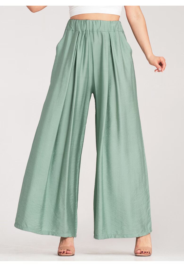 Figl Pantaloni dama - largi - talie inalta - verde - viscoza-elastan -