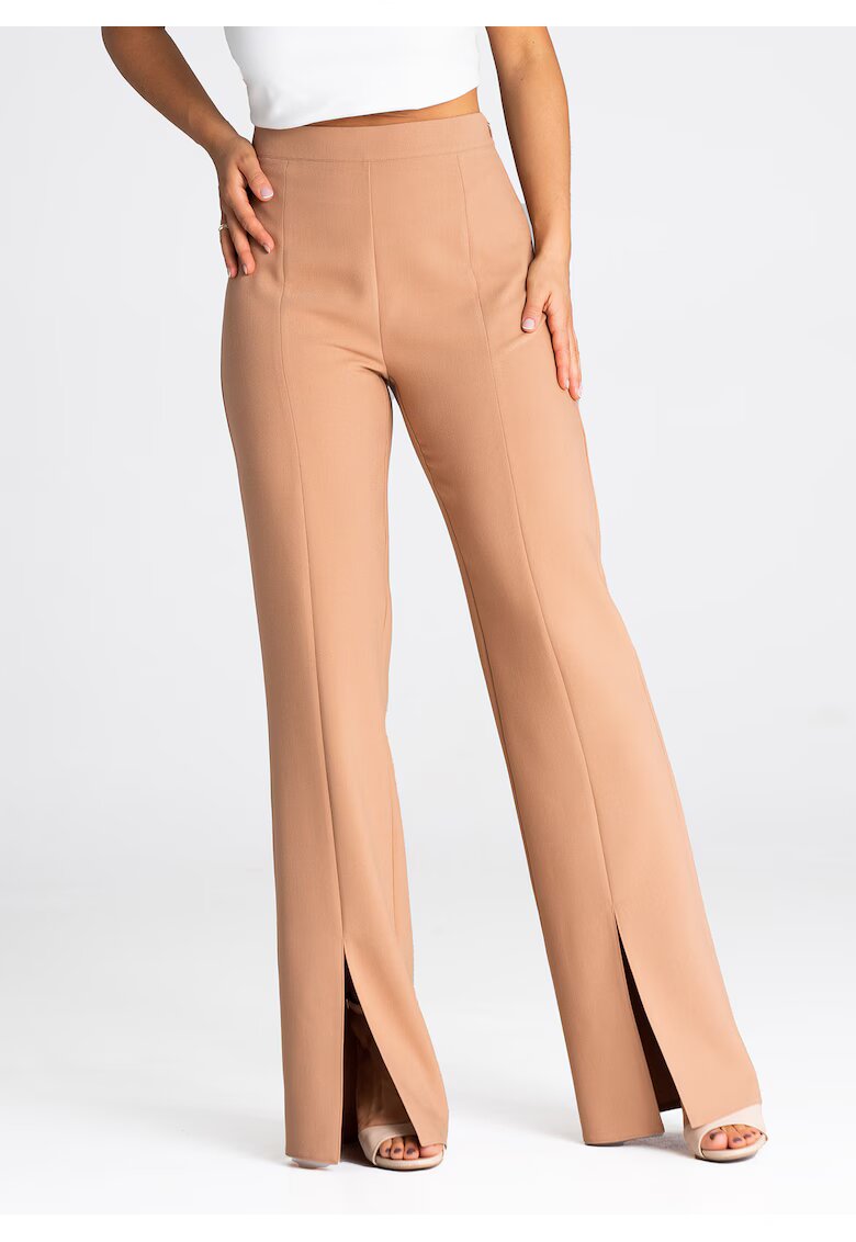 Figl Pantaloni dama M955 - eleganti - cu talie inalta - plisati - maro - poliester - viscoza - elastan