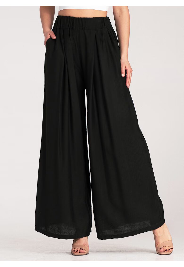 Figl Pantaloni dama negri - largi - cu talie inalta - din vascoza si elastan -